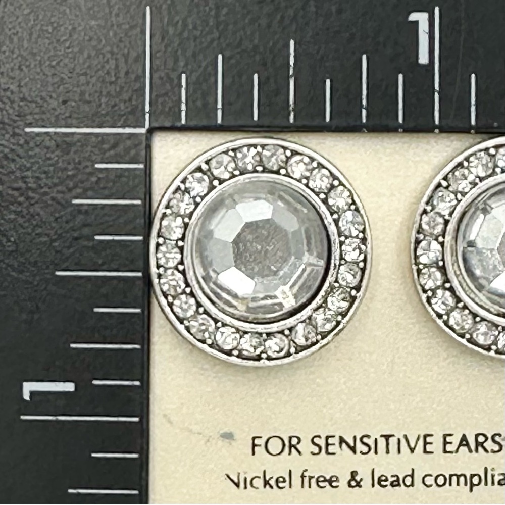 Clip On Round Button Silver Tone Rhinestone Earrings - Picture 3 of 4